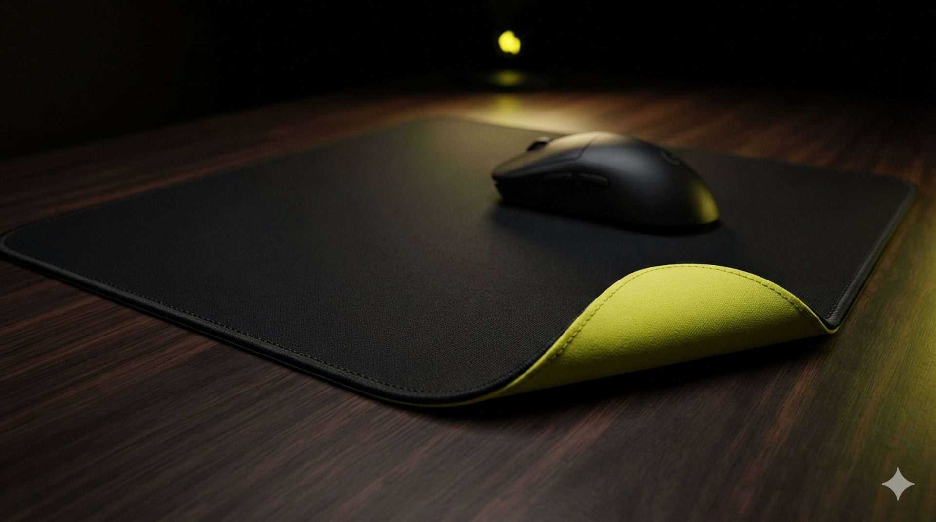 Iced Slatez dual-sided desk pad — matte black control side with a gaming mouse and a bright yellow cooling side
